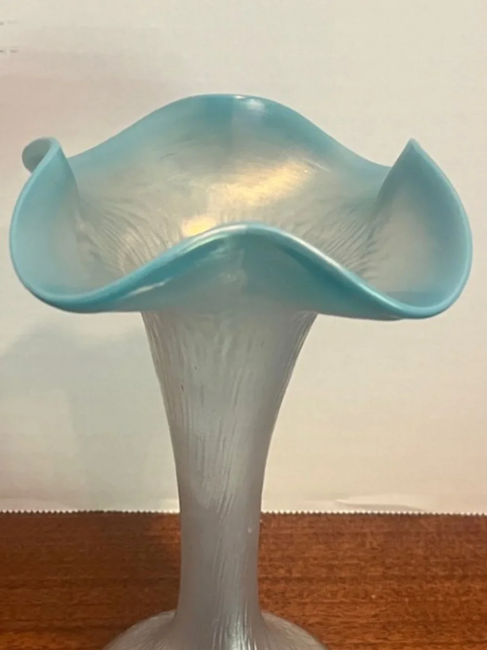 Kralik Martele Blue Ruffle Edge Iridescent Vase Bohemian Art Glass Vintage